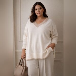 Lands' End Cream V-Neck Sweater with Tan Trim